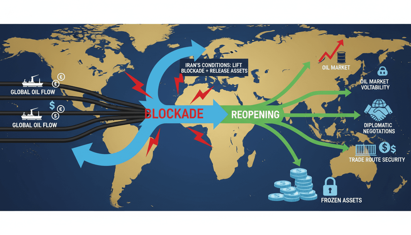 A map showing the Strait of Hormuz and its significance in global oil transit, highlighting Iran's conditions for reopening.