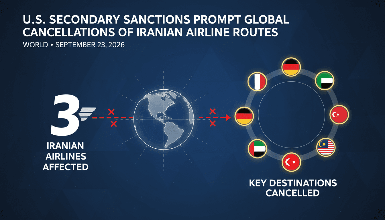 Infographic showing the impact of U.S. sanctions on Iranian airlines and affected routes.