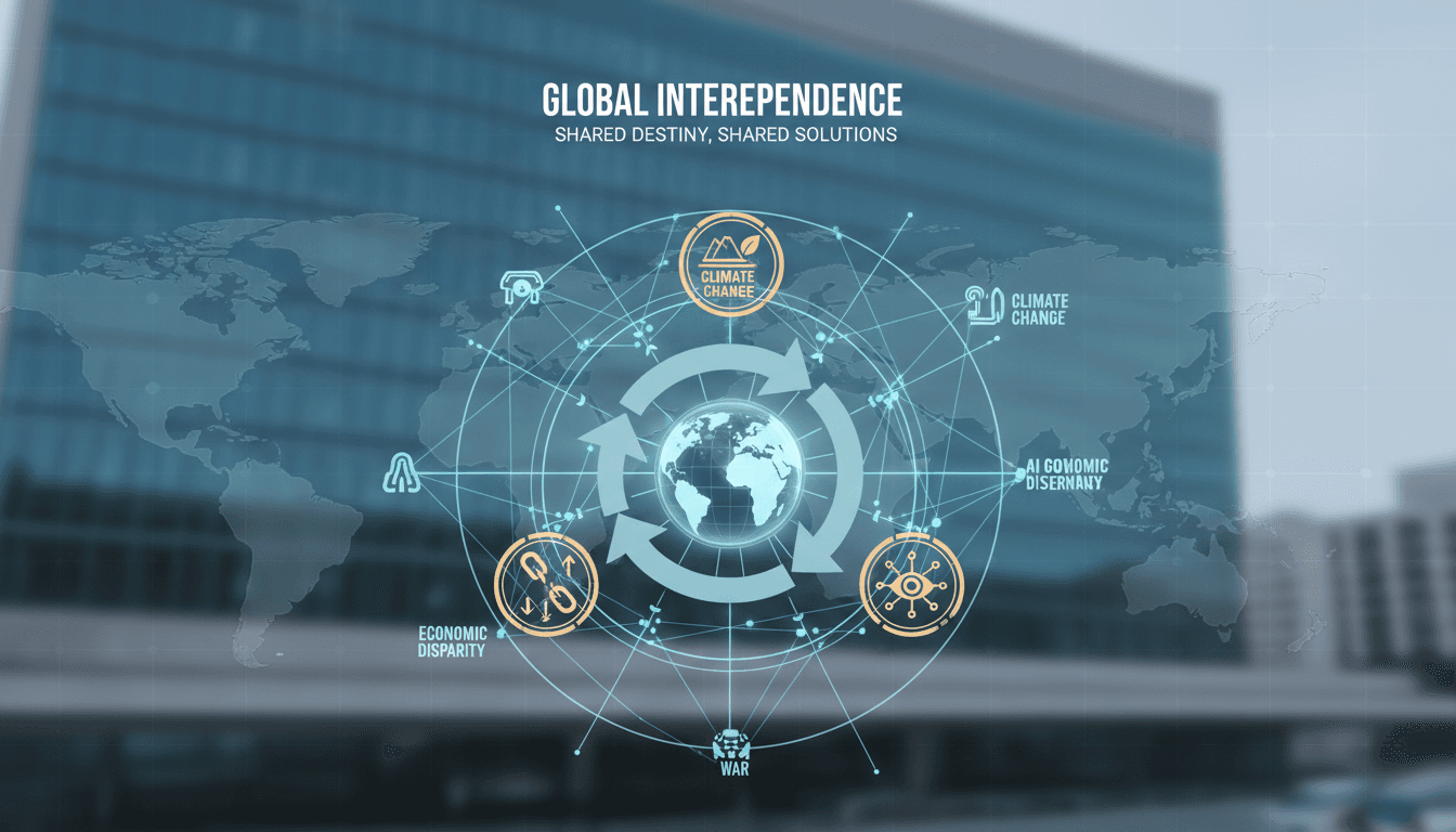 Infographic showing interconnected global challenges and the call for interdependence from Guterres' farewell address.