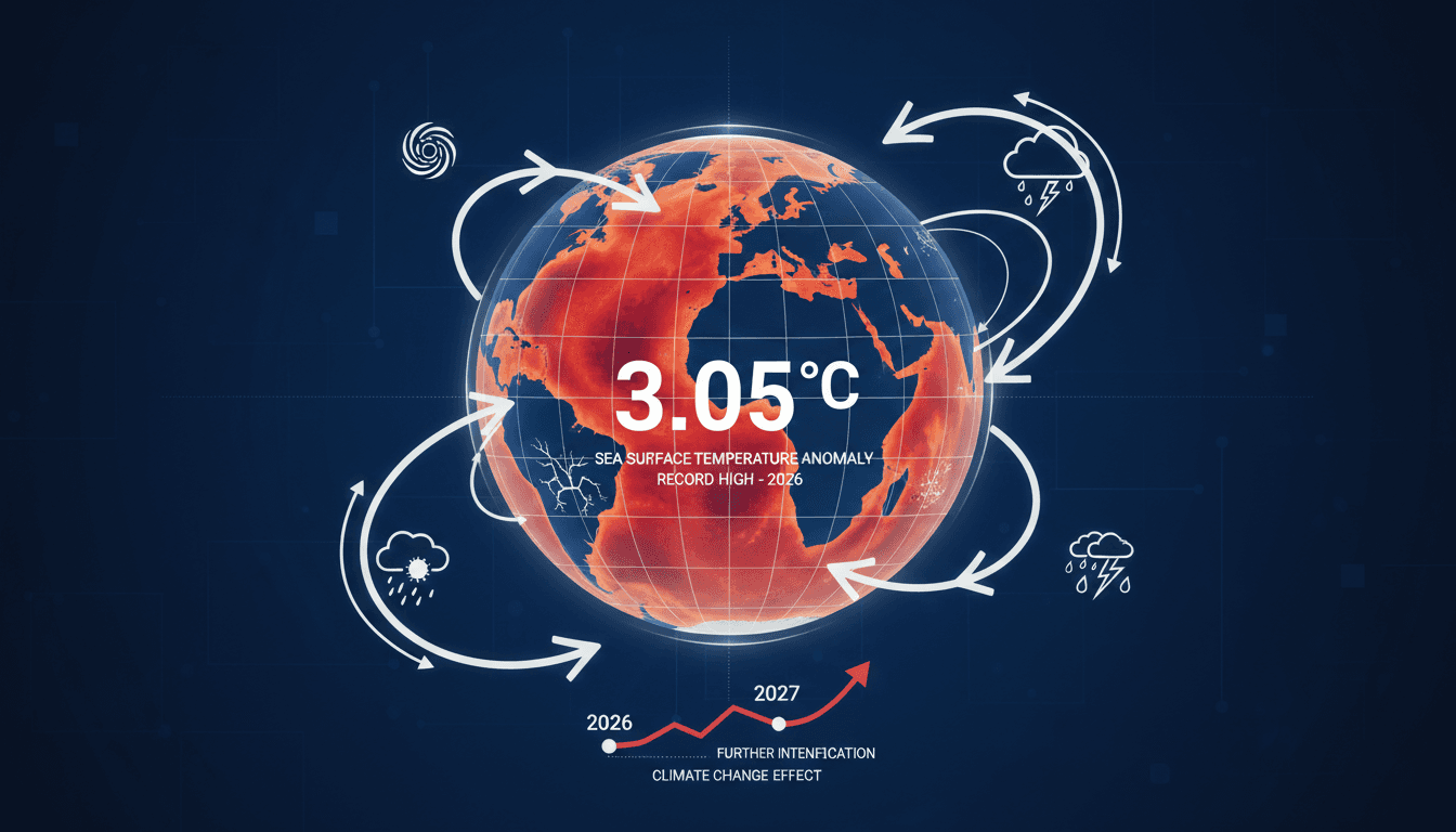Infographic showing the 2026 El Niño record sea surface temperature anomaly and its global impacts.