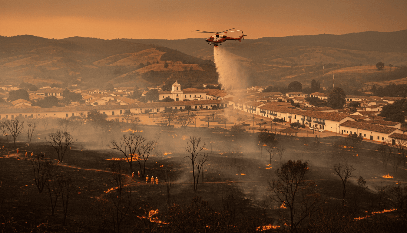 Aerial view of the wildfire damage in Villa de Leyva, Colombia, showing burned areas and emergency response efforts.