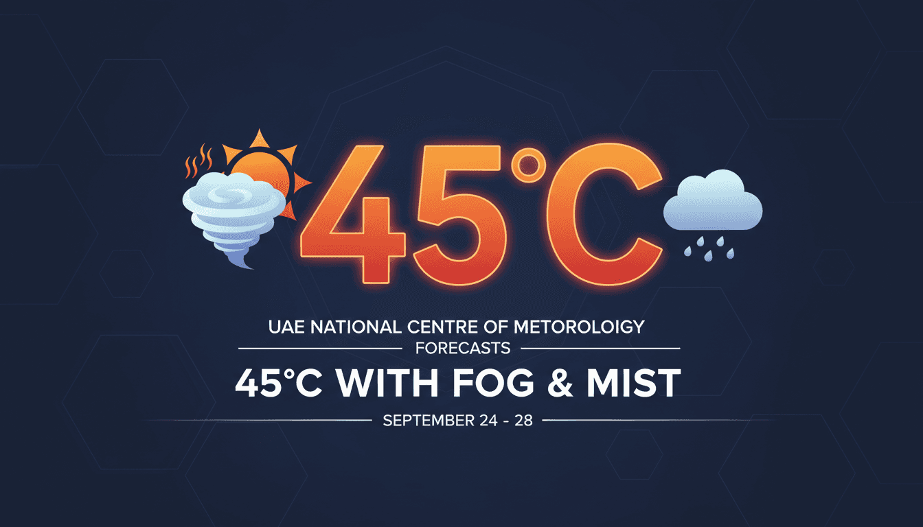 A weather graphic depicting 45°C temperatures with fog and mist icons for the UAE.