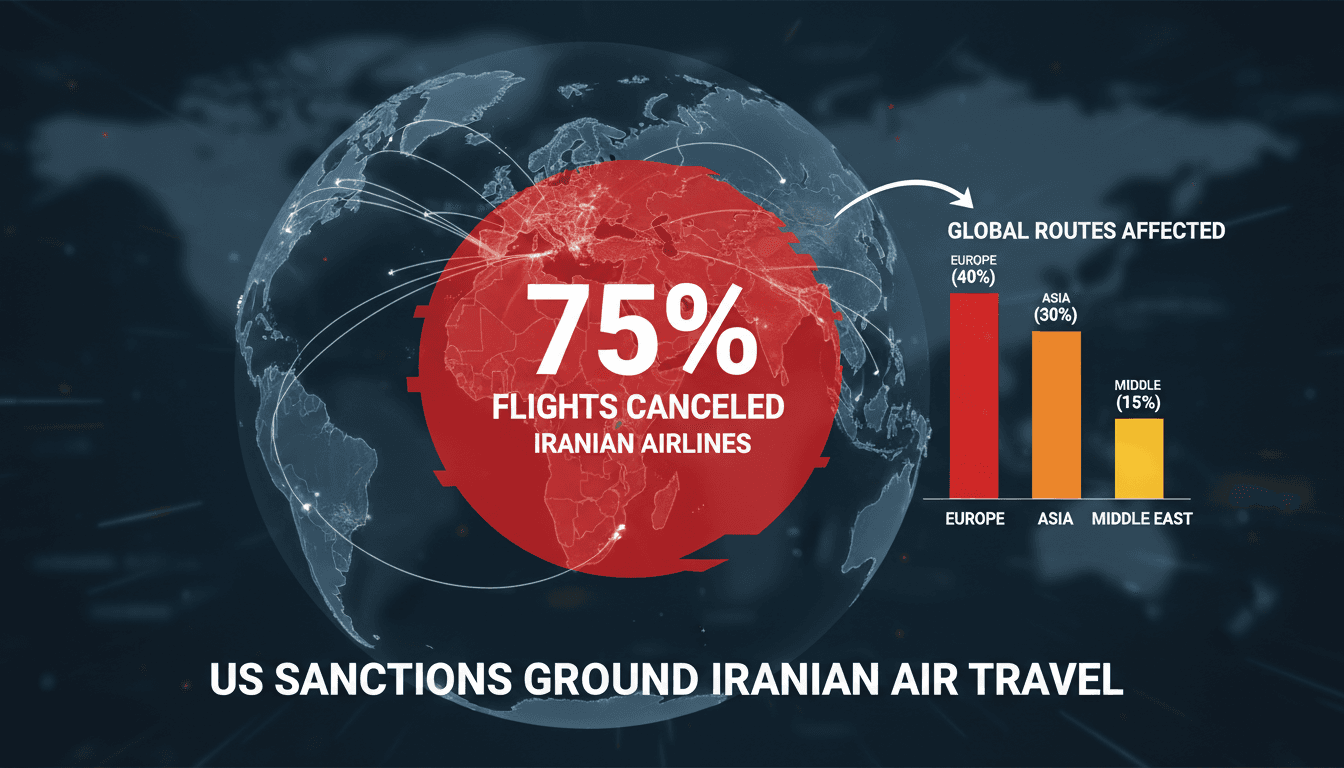 Infographic showing the impact of US sanctions on Iranian airlines and flight cancellations.