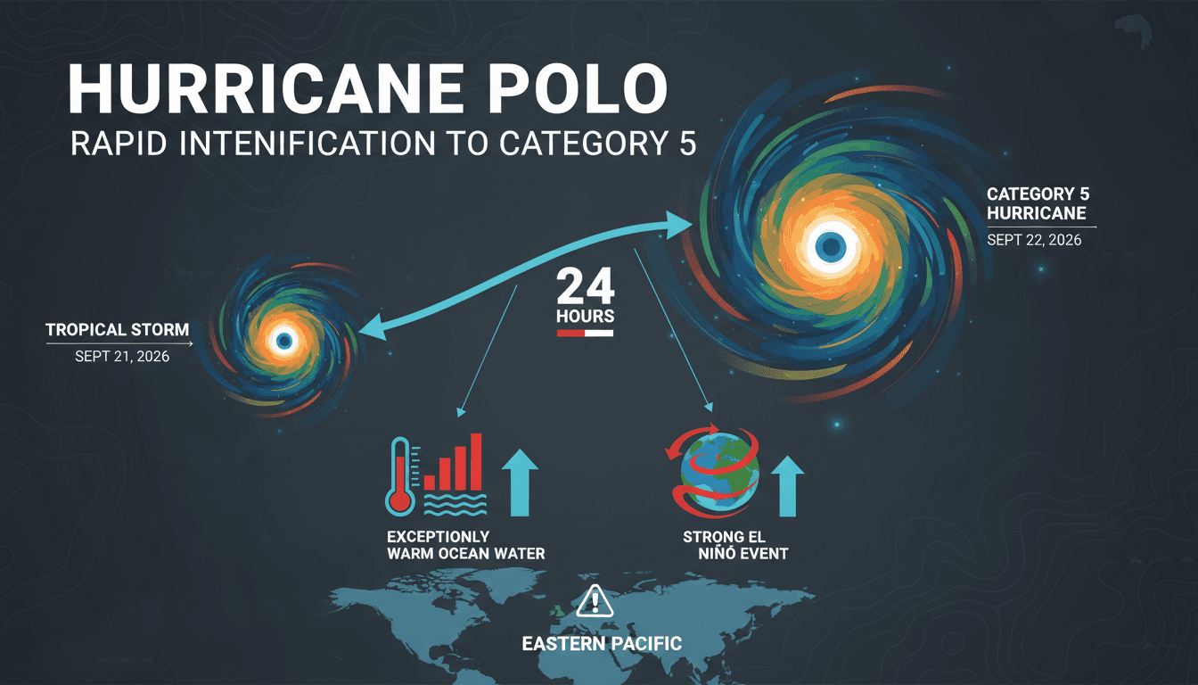 Infographic showing Hurricane Polo's intensification timeline and contributing environmental factors.