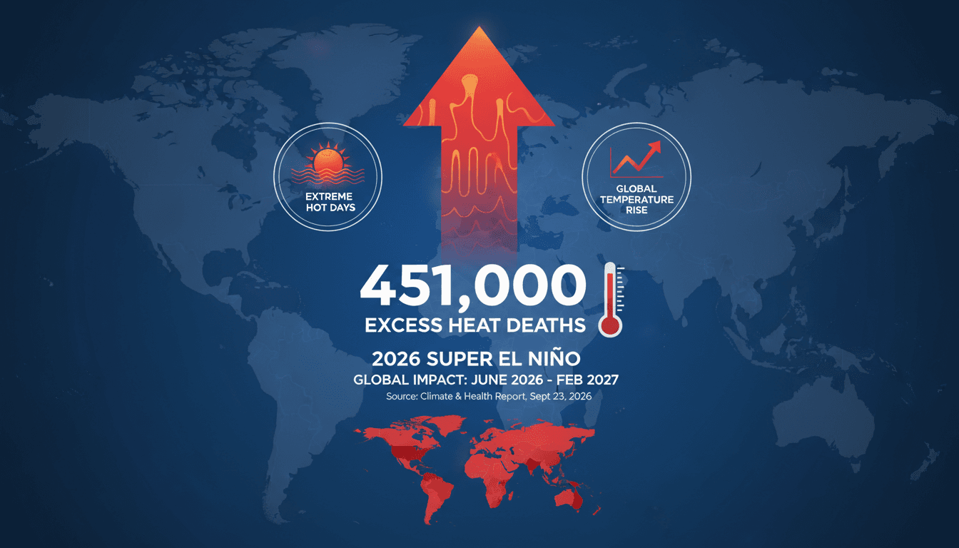 Infographic showing projected excess heat-related deaths from the 2026 Super El Niño, emphasizing global health impacts.
