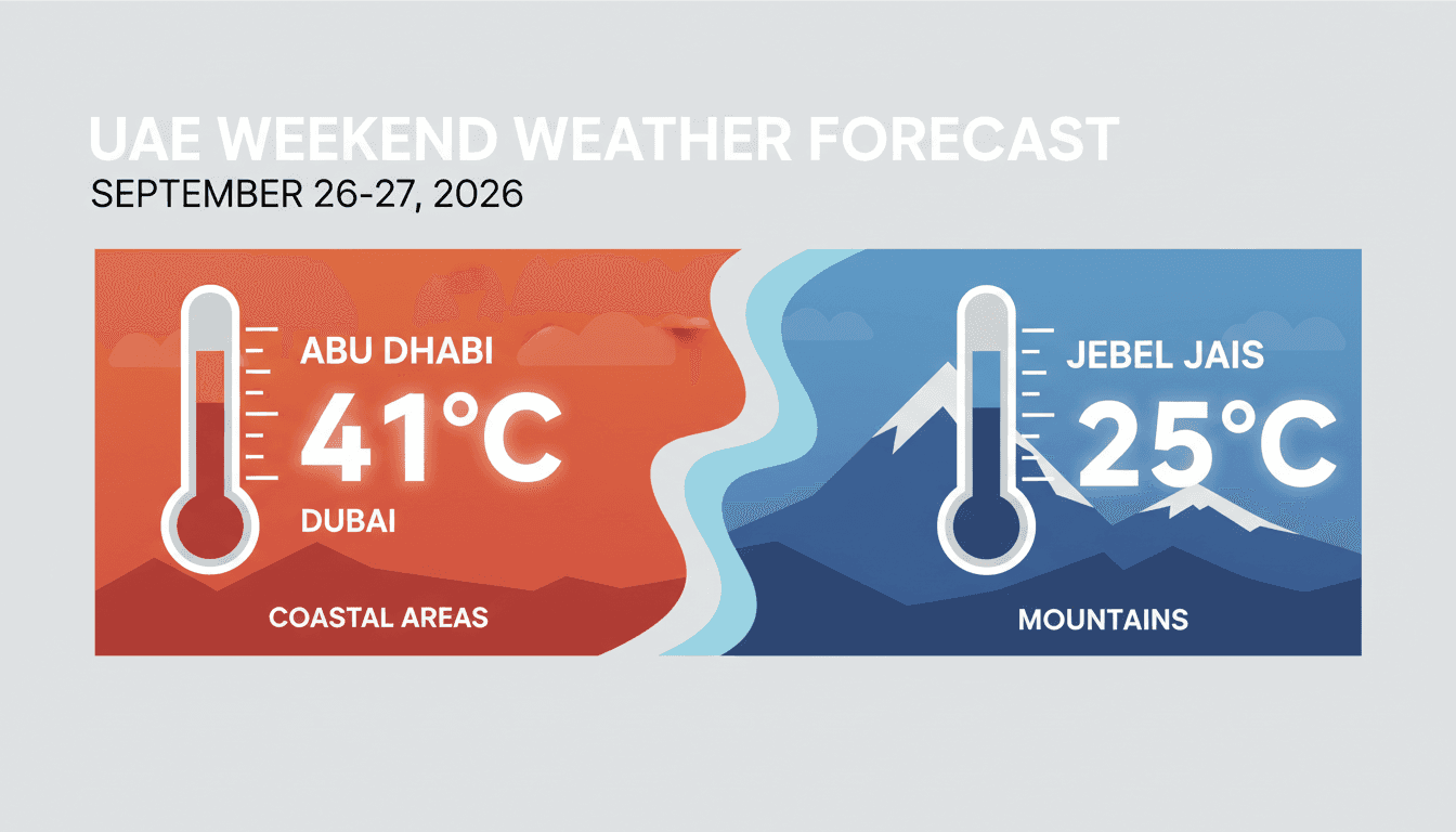 A weather graphic displaying high temperatures in Abu Dhabi and Dubai, with cooler conditions at Jebel Jais.