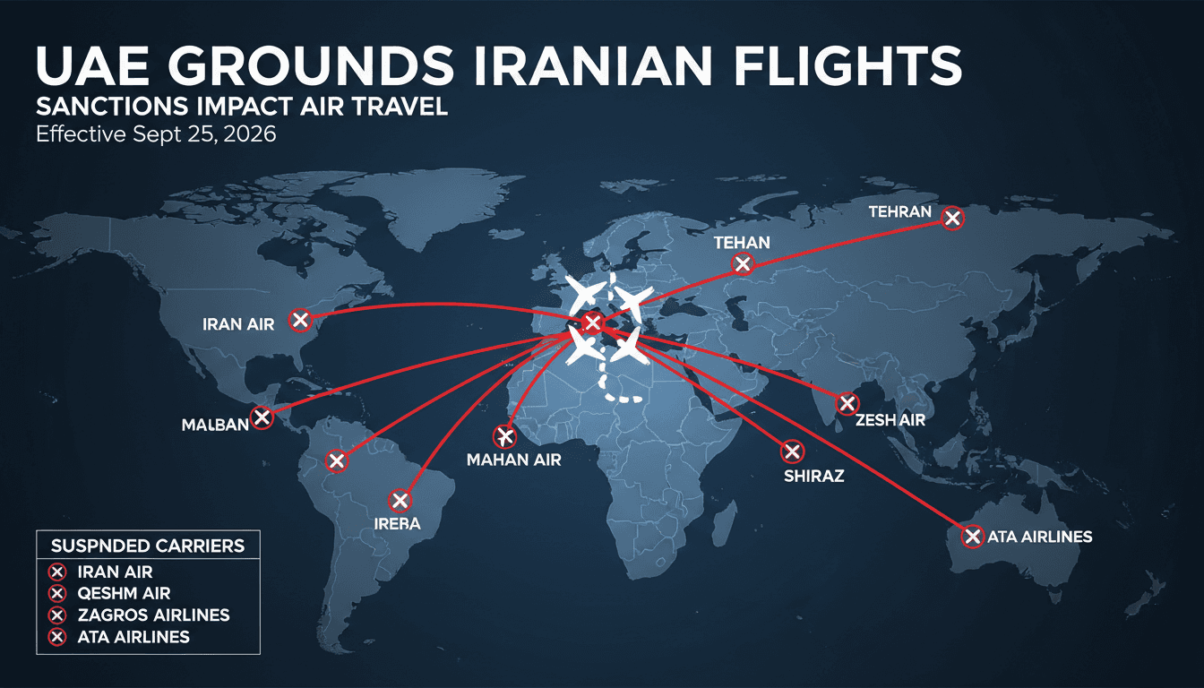 Infographic showing suspended flight routes between UAE and Iran due to US sanctions on Iranian airlines.