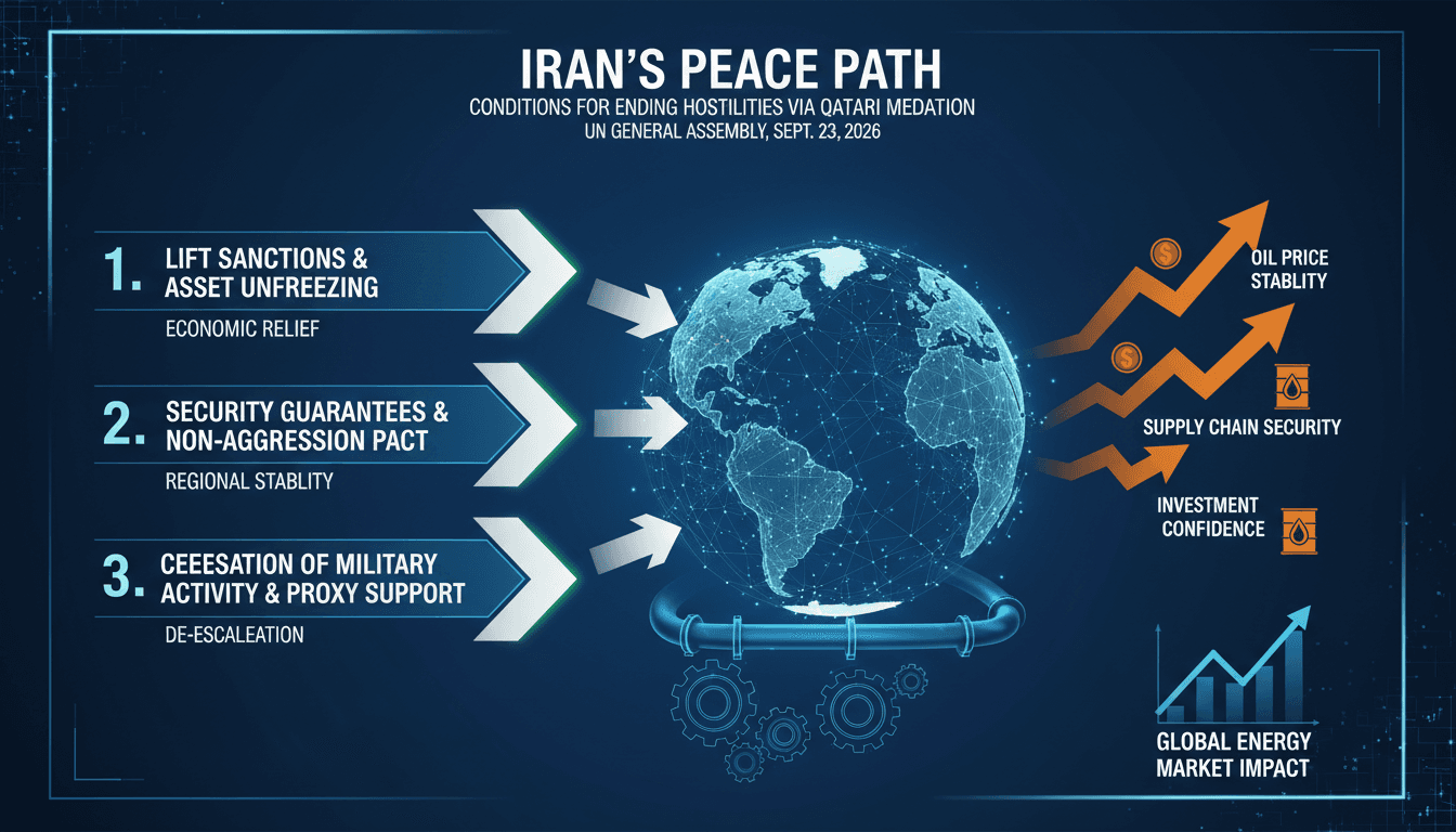 Infographic detailing Iran's conditions for conflict resolution with the US and implications for global energy markets.