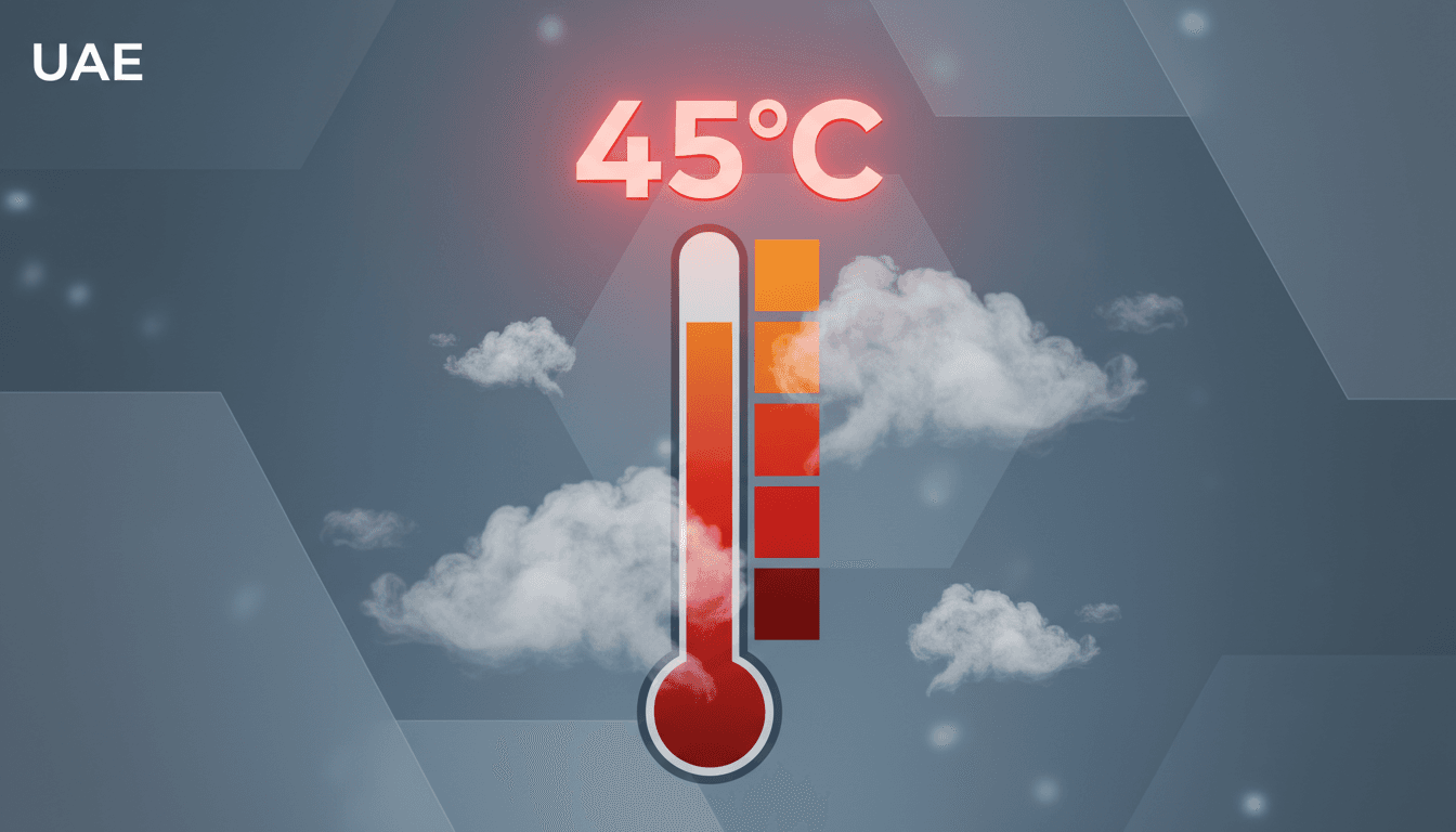 A graphic showing UAE temperatures reaching 45°C with fog icons, illustrating the extreme weather conditions.