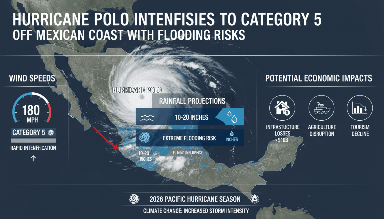 Infographic showing Hurricane Polo's wind speeds and potential economic impacts on affected regions.