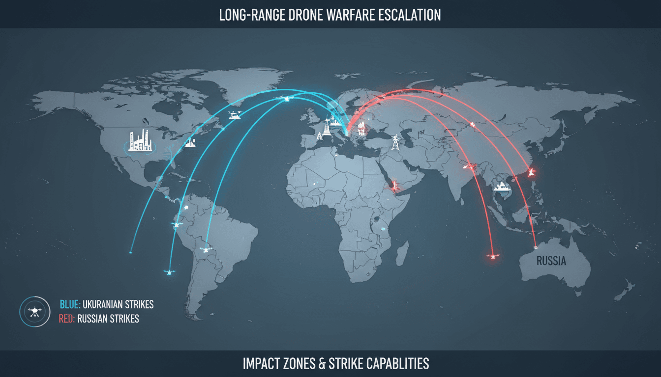 A detailed infographic showing the long-range drone capabilities and impacts in the Ukraine-Russia conflict.