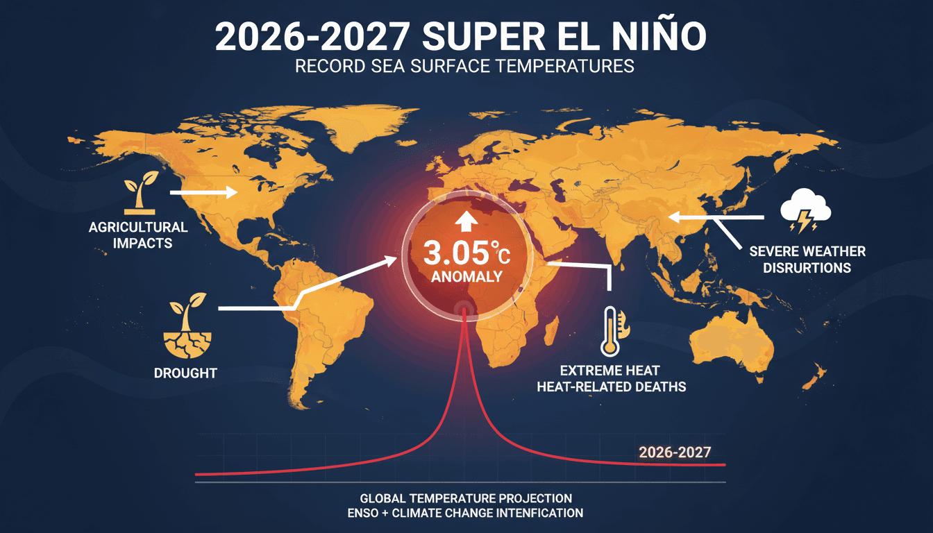 Infographic showing the impacts of the 2026-2027 Super El Niño on global weather patterns and health risks.