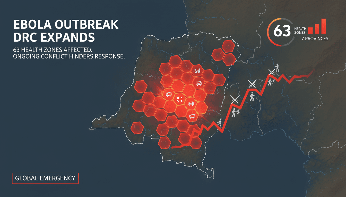 Infographic showing the spread of the Ebola outbreak in the DRC, highlighting affected health zones and case statistics.