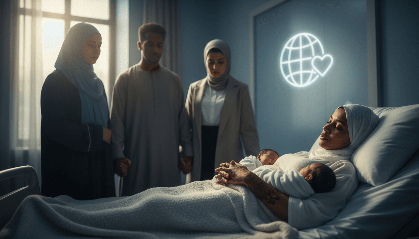 A hospital scene illustrating the importance of maternal health and community support following a tragic childbirth incident.