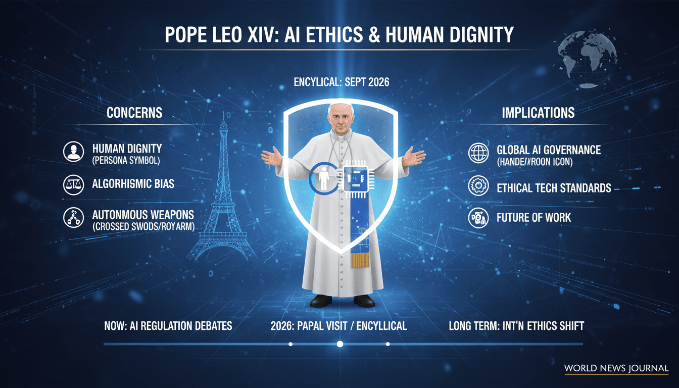 Pope Leo XIV addressing AI ethics during his visit to France, emphasizing the importance of human dignity in technology.