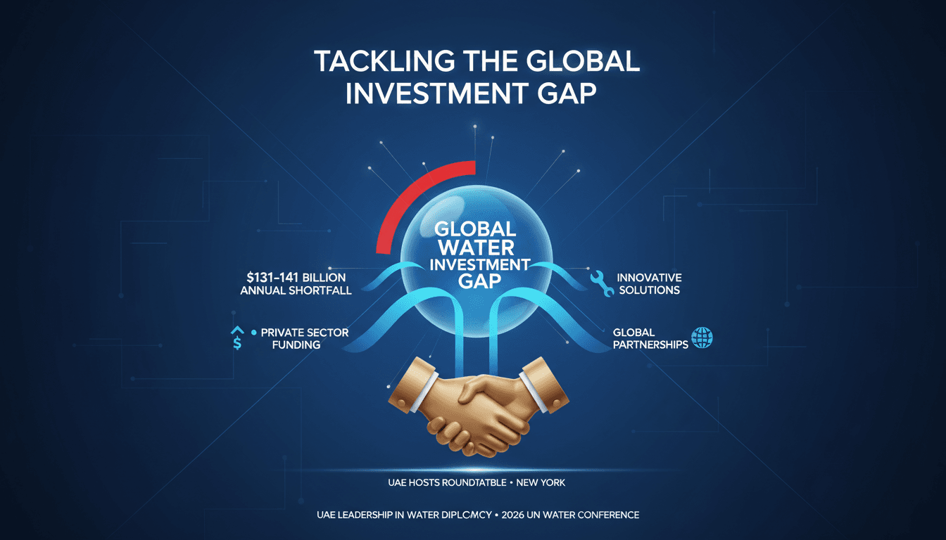 Infographic showing the global water investment gap and solutions discussed at the UAE roundtable.