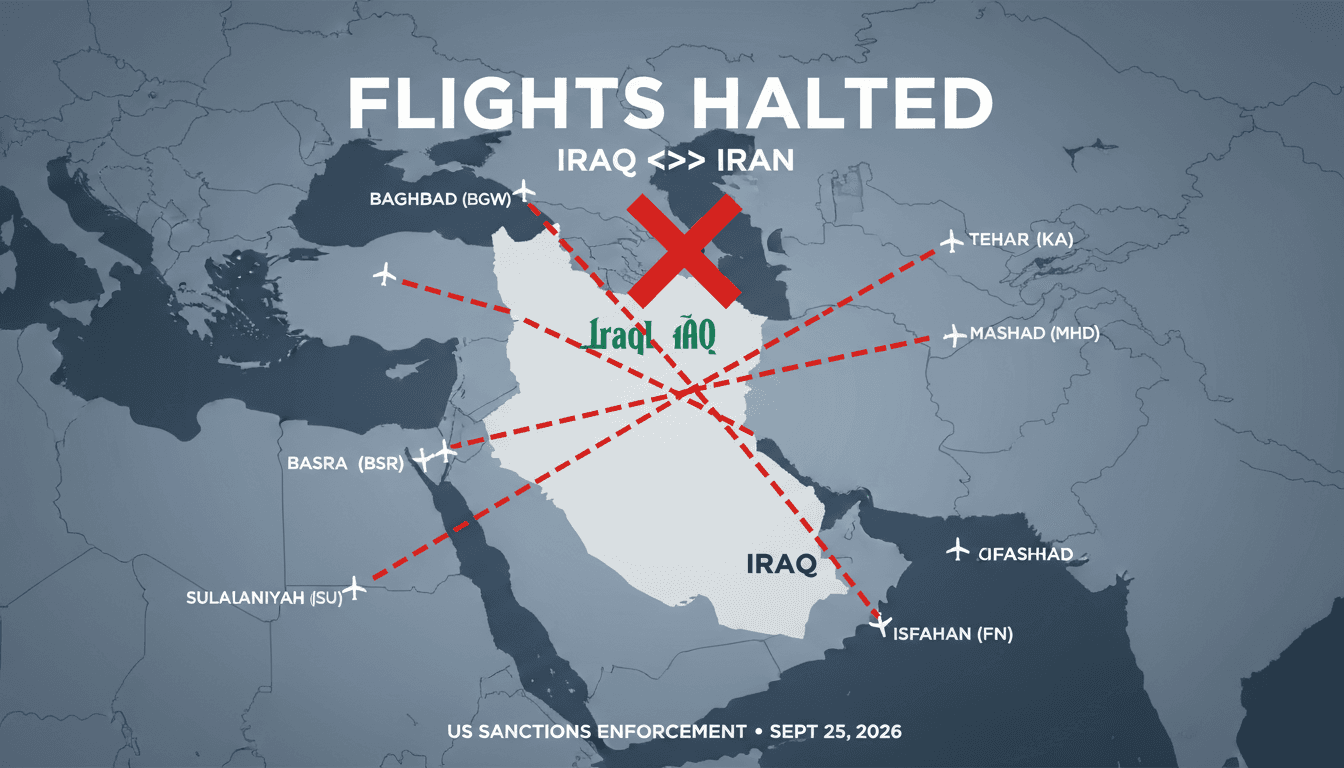 Infographic showing suspended flight routes between Iraq and Iran due to US sanctions.