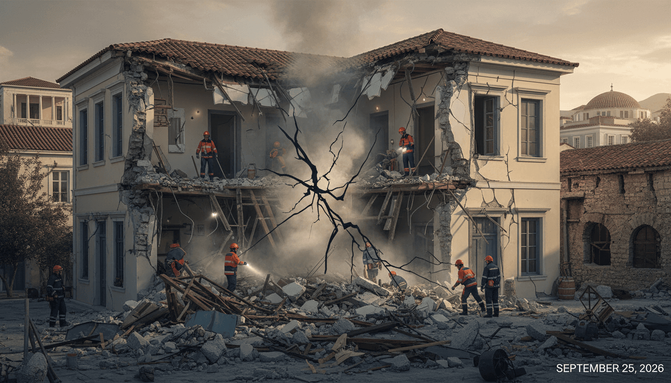 Emergency responders at the site of the building collapse in Athens' Plaka district following a suspected gas leak explosion.