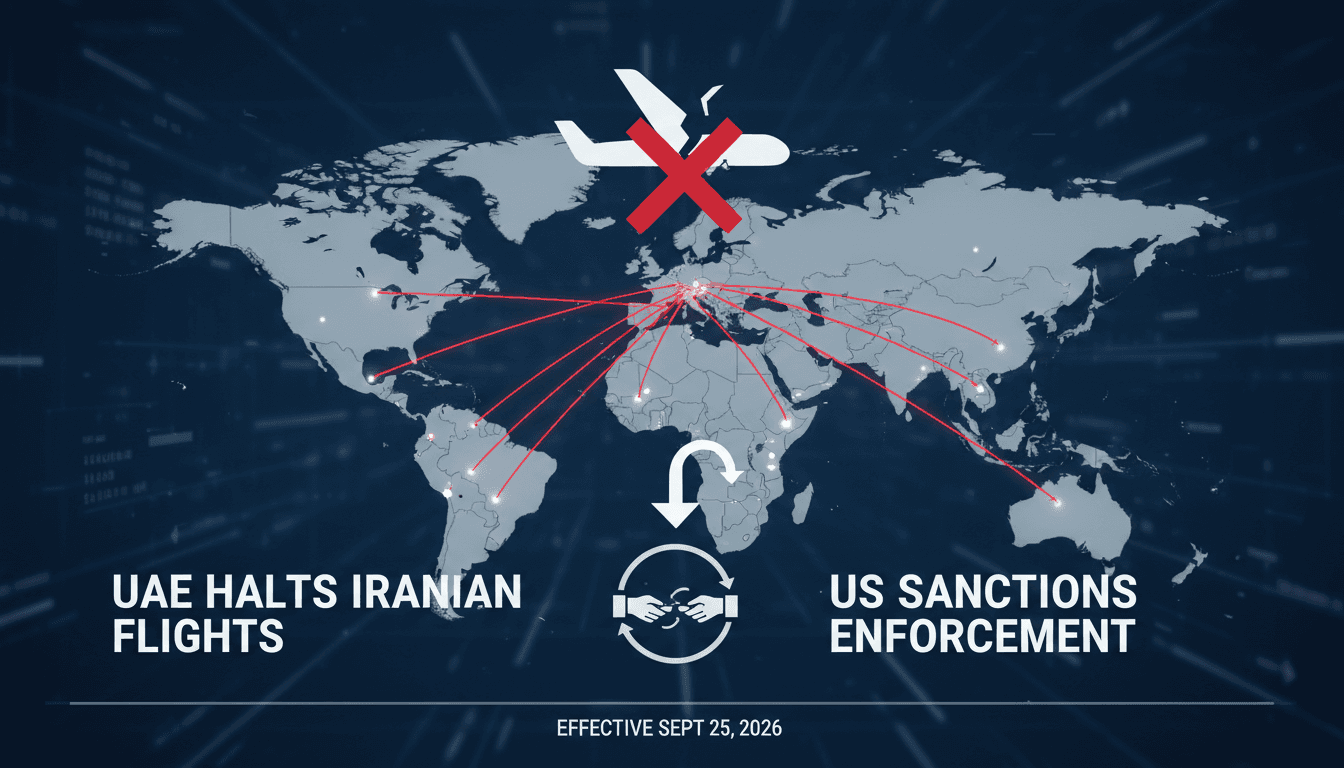 Infographic depicting the suspension of Iranian airline flights and its regional impact on travel and business.