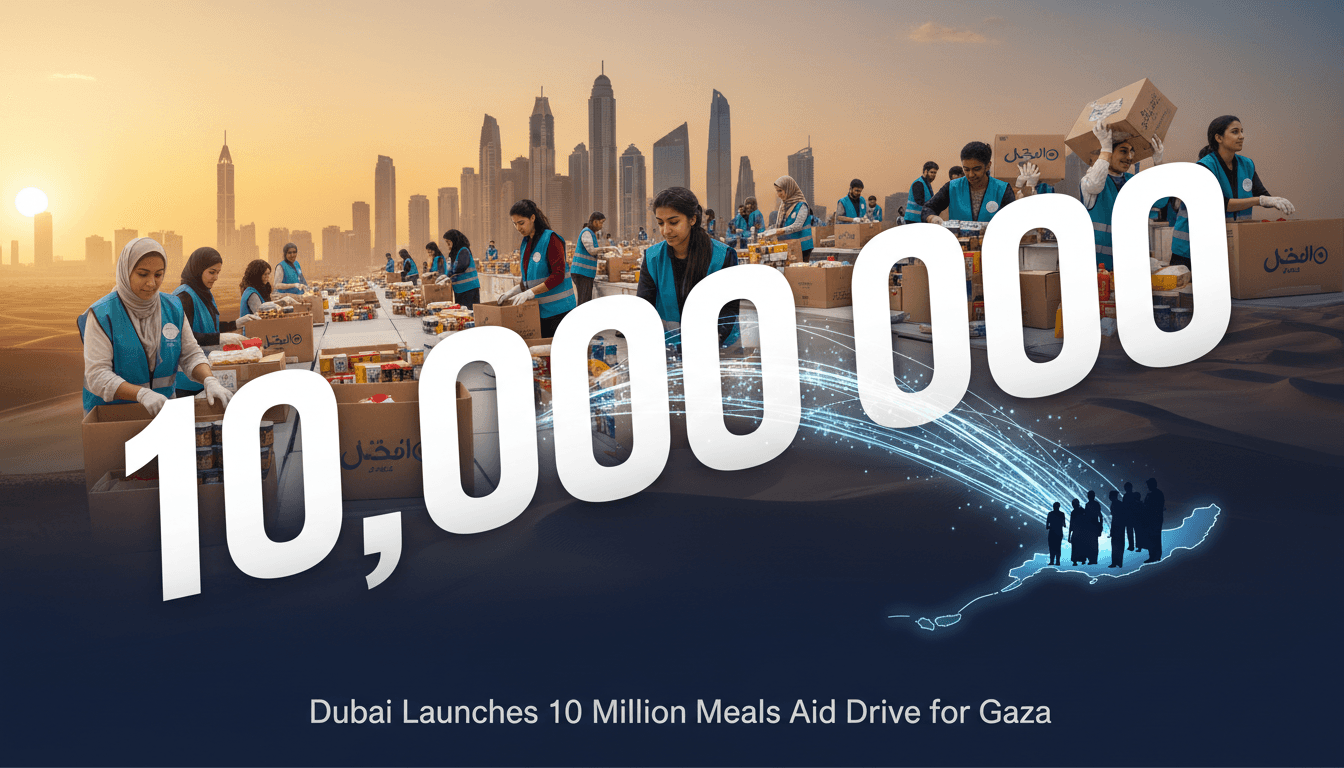 Community volunteers in Dubai preparing meals for Gaza, honoring Sheikh Ahmed bin Rashid.