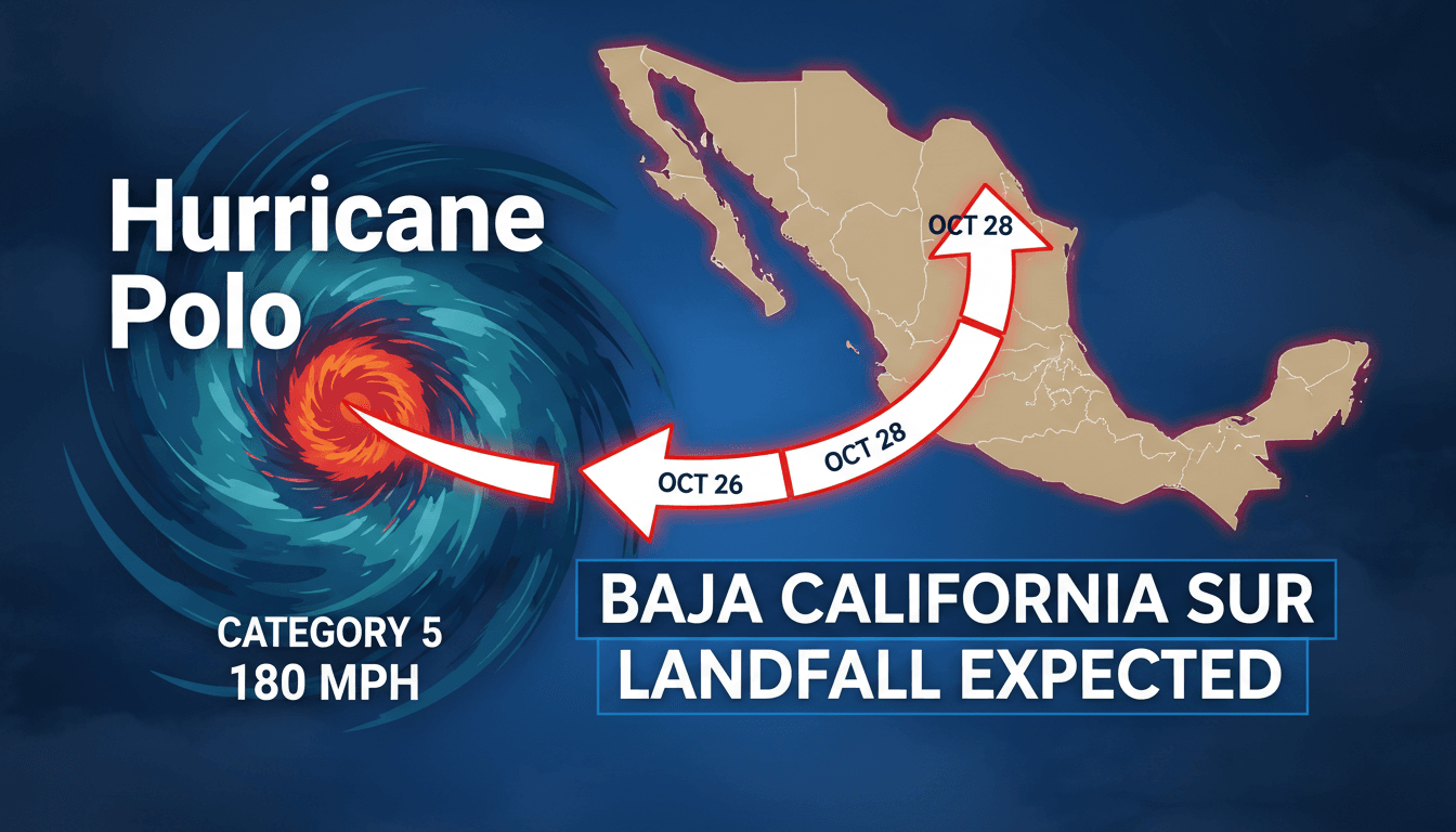 A satellite image of Hurricane Polo approaching Baja California Sur, highlighting its intensity and projected path.