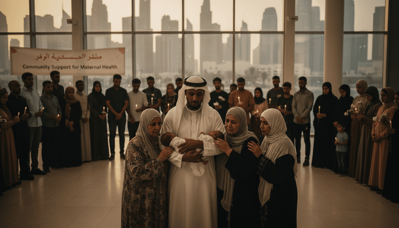 Community gathering in Dubai supporting a family after maternal health tragedy.