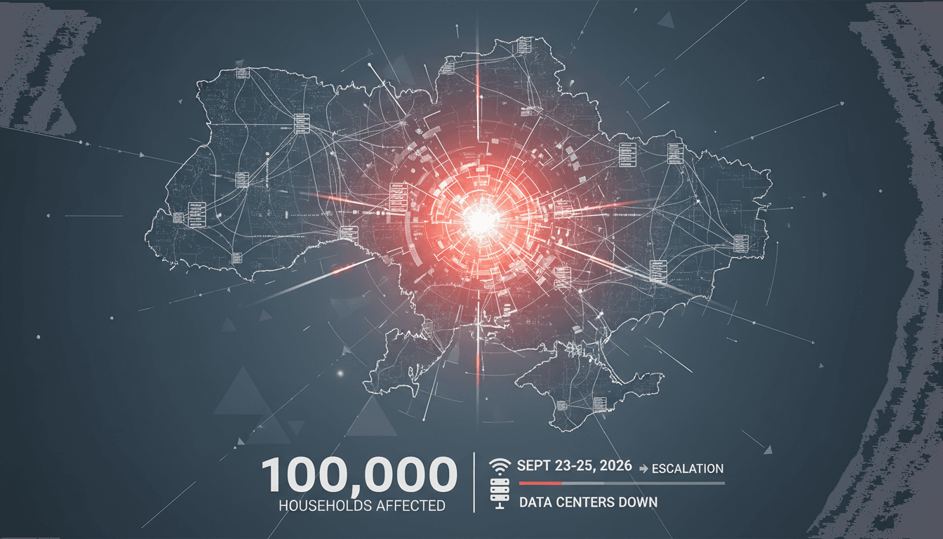 A graphic illustrating the impact of Russian strikes on Ukrainian data centers and internet services.