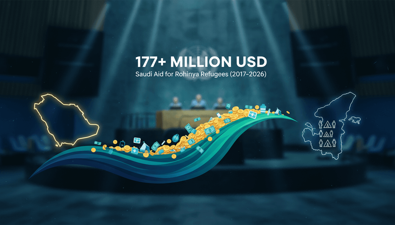 Infographic detailing Saudi Arabia's $177 million humanitarian aid for Rohingya refugees since 2017.