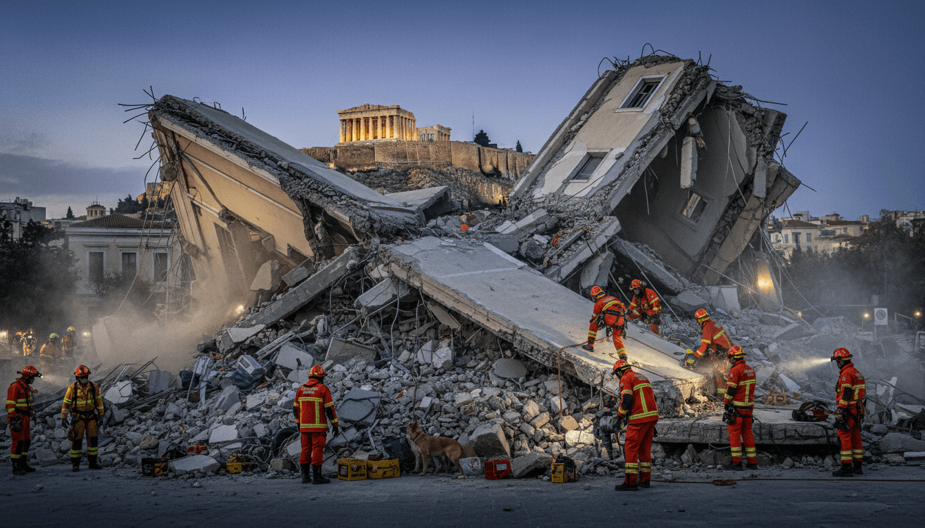 Emergency responders at the site of a building collapse in Athens due to a suspected gas leak.