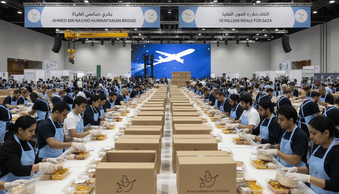 Volunteers preparing meals for Gaza at the Dubai World Trade Centre, showcasing humanitarian engagement in the UAE.