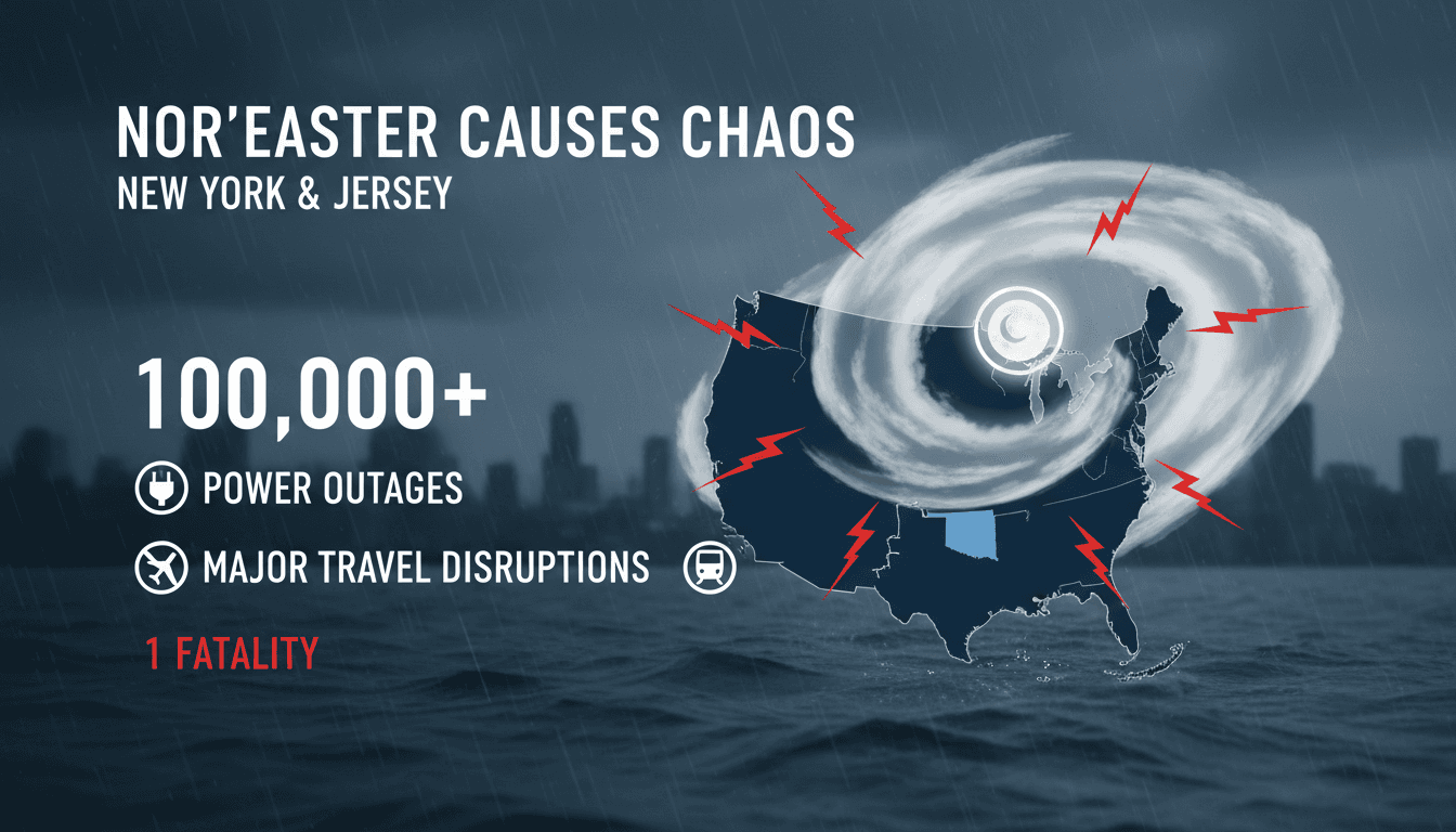 A graphic illustrating the impact of the nor'easter storm on New York and New Jersey, highlighting power outages and travel disruptions.