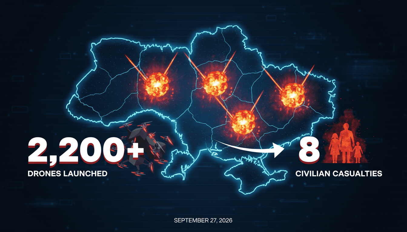 Infographic showing the impact of Russian strikes on civilians in Ukraine, including drone attacks and casualties.