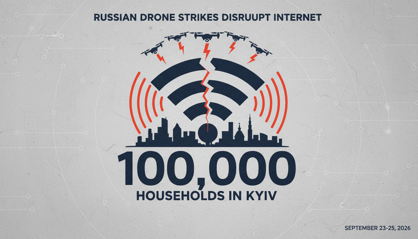 Infographic showing the impact of Russian drone strikes on internet access for 100,000 households in Kyiv.
