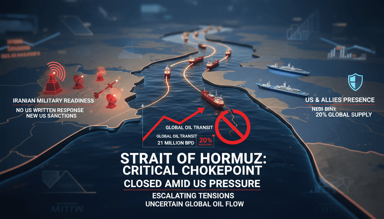 A map of the Strait of Hormuz highlighting oil transit routes and military readiness indicators.