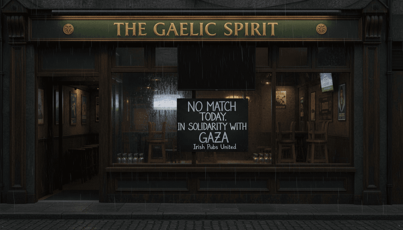 A darkened pub with a "No Match Today" sign, representing the boycott against Israel.