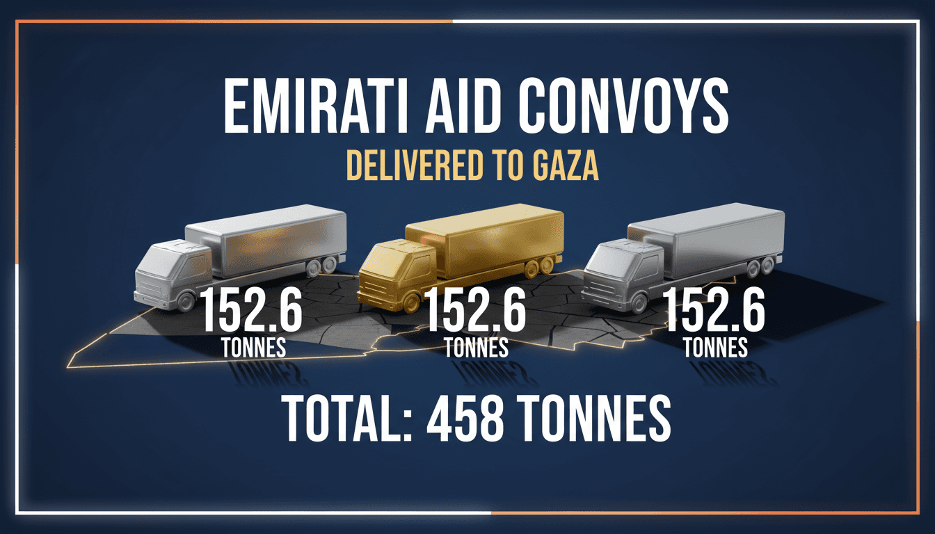 Infographic showing UAE's humanitarian aid delivery to Gaza, highlighting 458 tonnes of supplies and logistics efforts.
