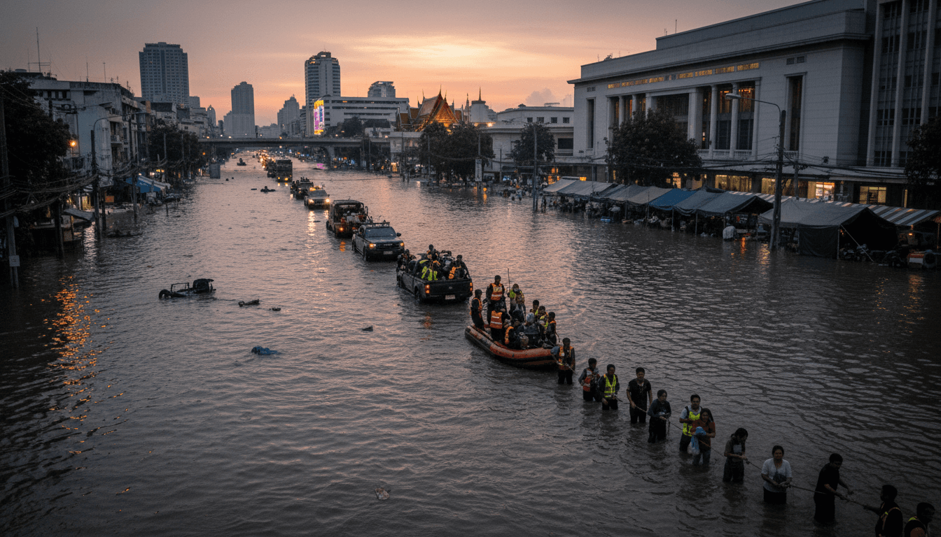 Flooded streets in Bangkok during the September 2026 disaster, showcasing emergency response efforts.