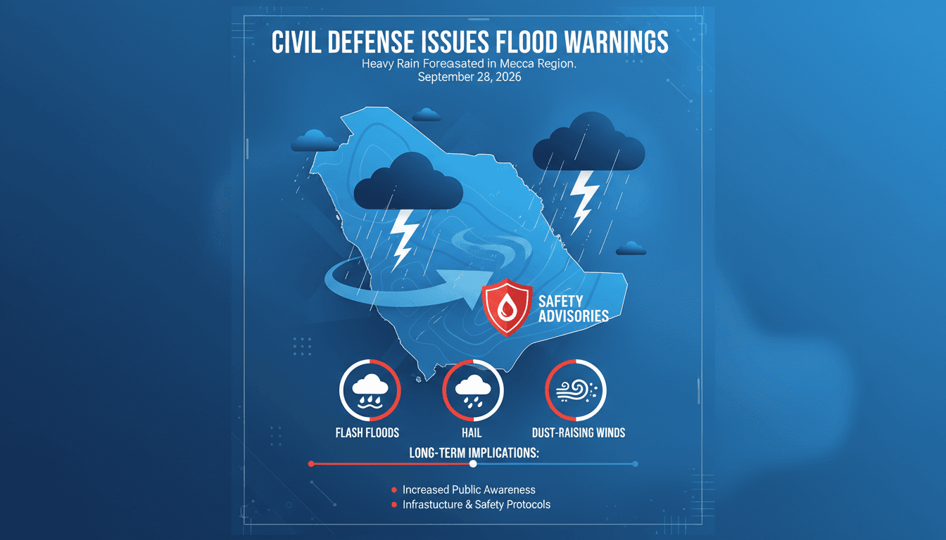 A weather alert graphic showing rainfall forecasts and safety advisories for the Mecca region.