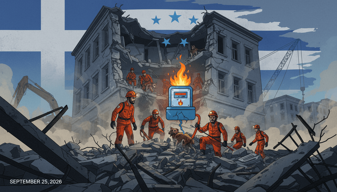 Emergency responders at the site of a gas explosion in Athens, highlighting the tragic building collapse.