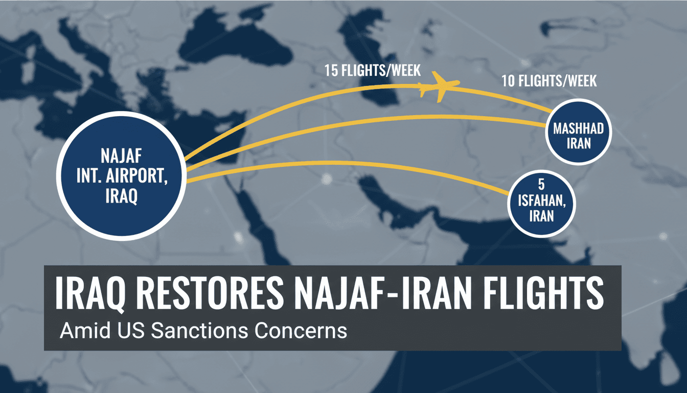 Infographic showing flight routes between Najaf and Iranian airports, highlighting projected flight frequency.
