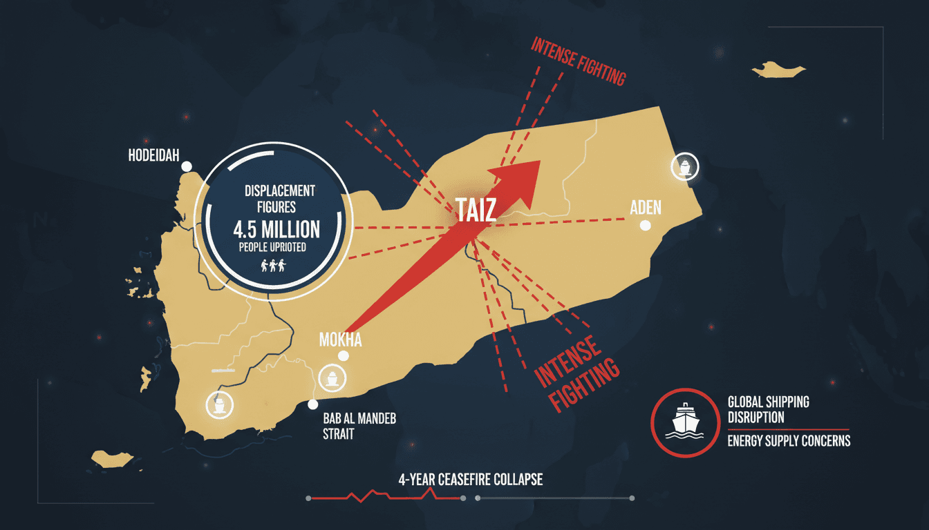 A map showing Yemen's strategic locations and displacement figures amid the ongoing conflict.