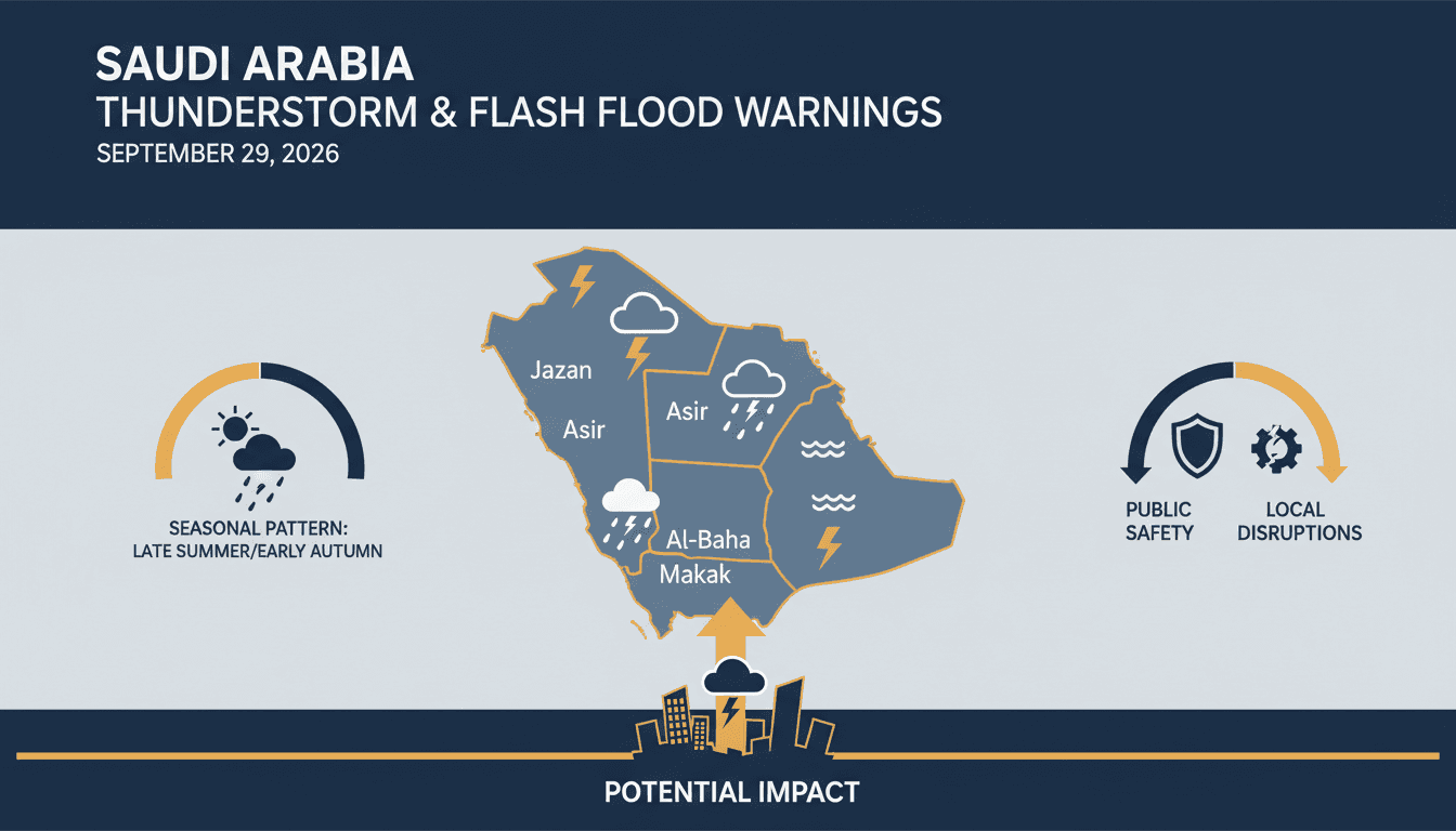 Weather forecast graphic showing thunderstorms and flash floods in Saudi Arabia's southwestern regions.