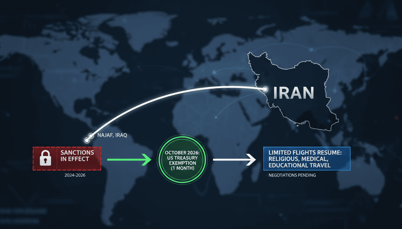 Map showing the route from Najaf to Iran with key dates and sanctions highlighted.