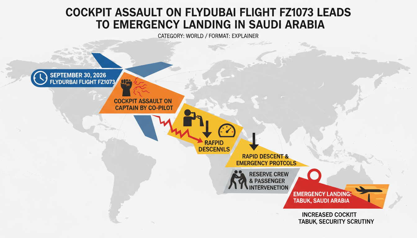 Infographic showing the timeline of the Flydubai cockpit altercation and emergency landing.