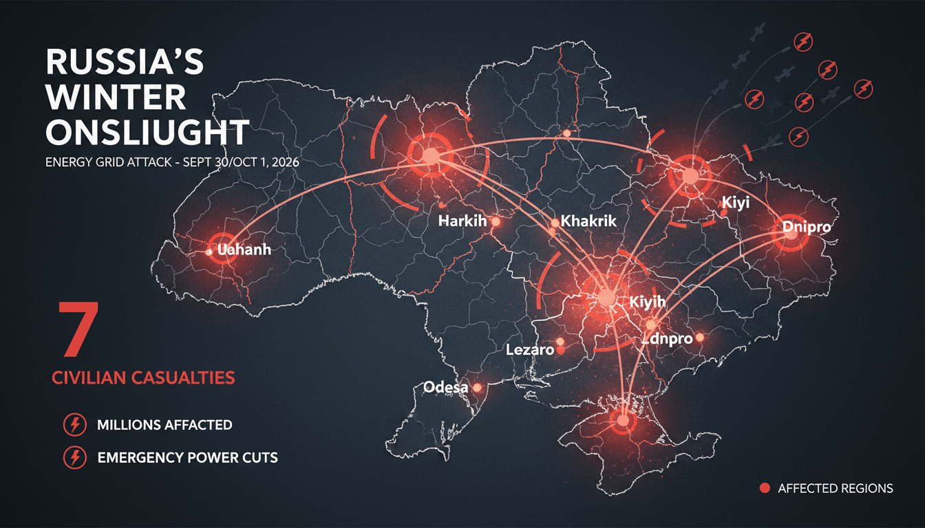Infographic detailing the impact of Russia's missile and drone strikes on Ukraine's energy grid, including casualties and affected areas.
