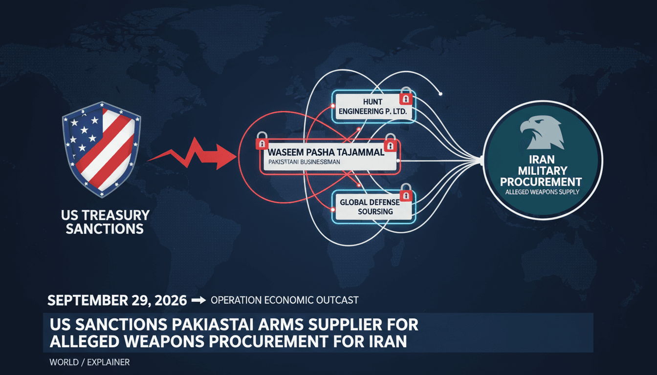 Infographic showing the network of US sanctions on Waseem Pasha Tajammal and related entities in arms procurement for Iran.