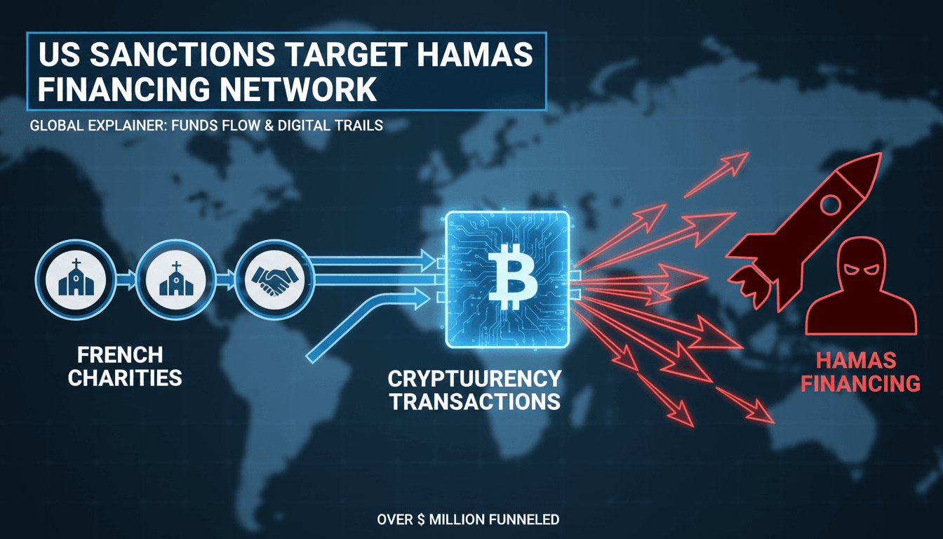Infographic showing the flow of funds from charities to Hamas, emphasizing cryptocurrency's role in financing.