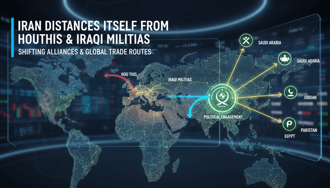 A map showing Middle Eastern alliances and their impact on global trade routes, highlighting Iran's distancing from Houthis.
