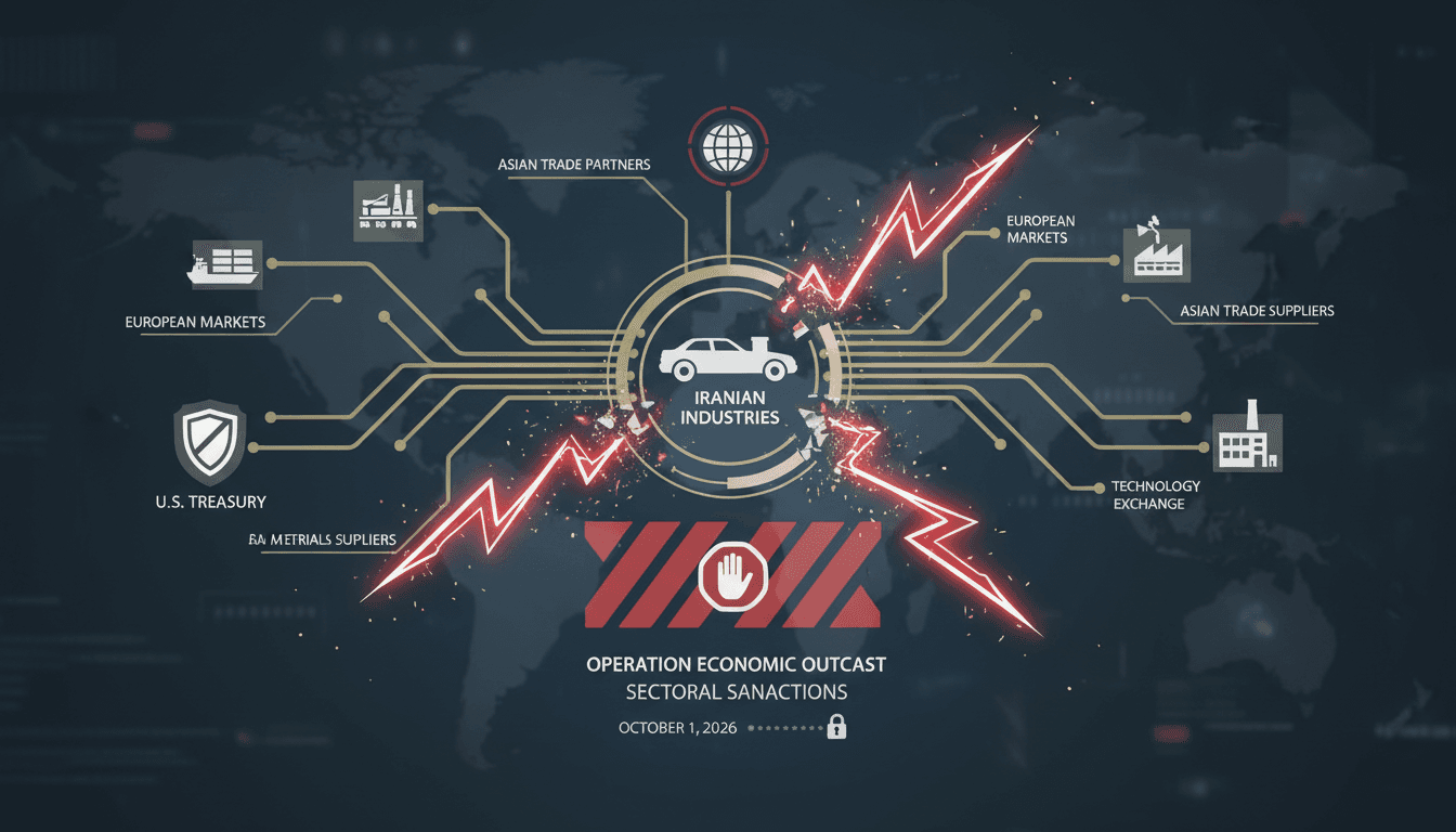 Infographic showing the impact of U.S. sanctions on Iran's automotive and rail sectors and global trade networks.