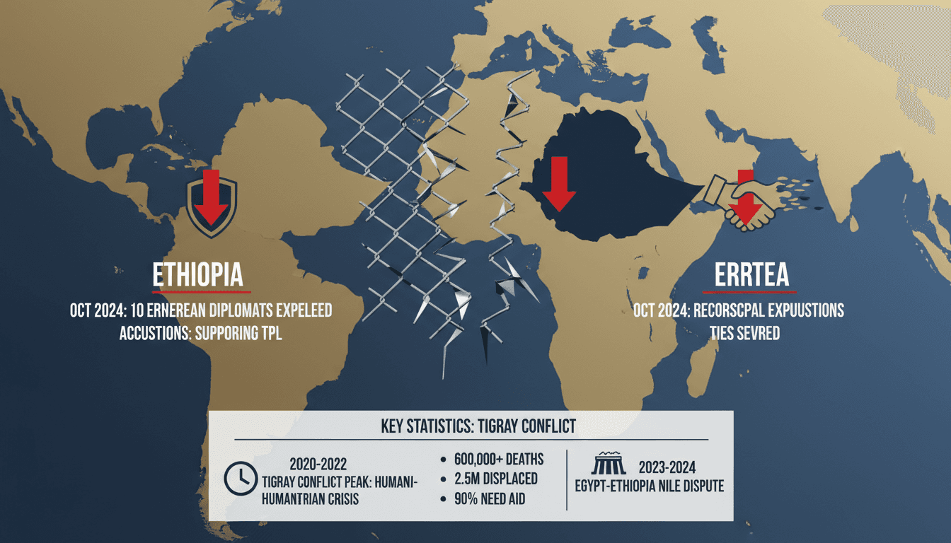 A map showing the Horn of Africa highlighting Ethiopia, Eritrea, and Egypt amid the diplomatic crisis.